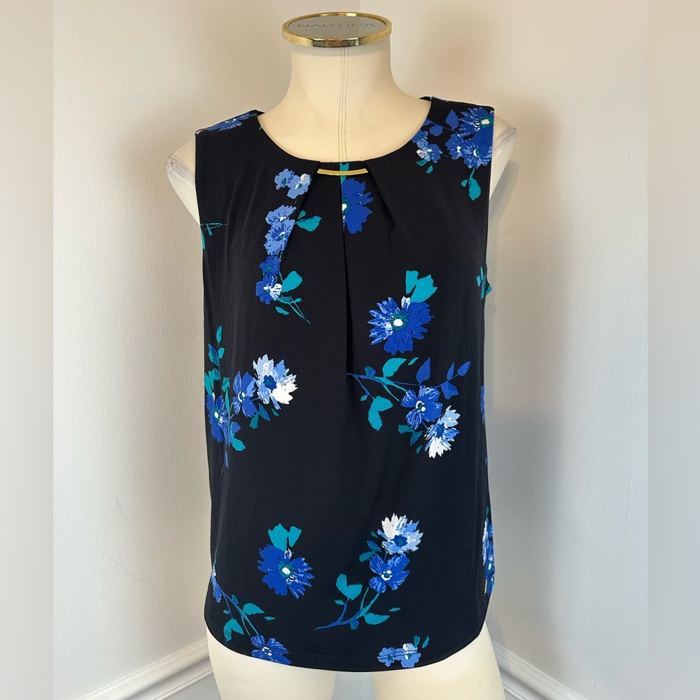 CALVIN KLEIN Sleeveless Black & Blue Floral Top | Size PL Petite Large